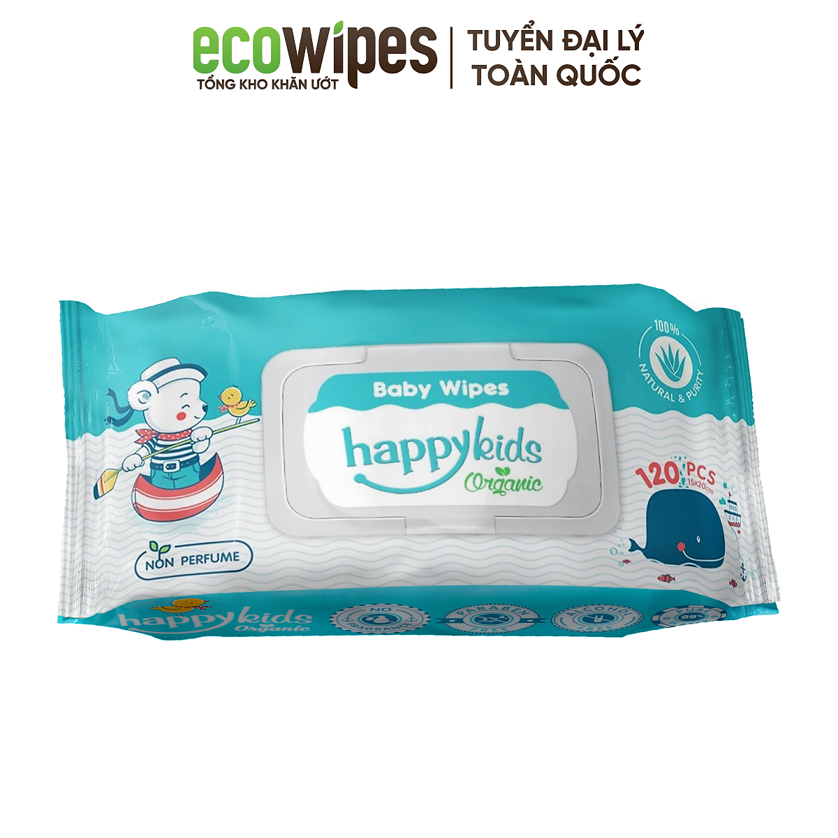 Thùng 10 gói khăn ướt trẻ em Happy Kids gói 120 tờ không mùi siêu tiết kiệm cho bé