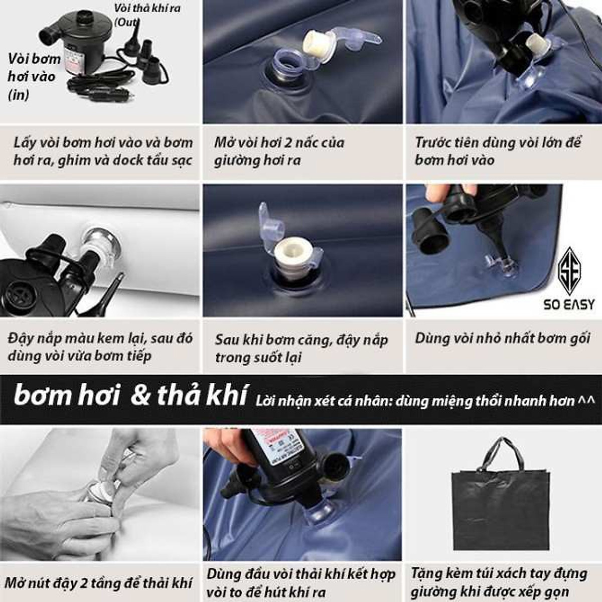 Đệm Hơi Ô Tô , Nệm Hơi Ô Tô Chân Liền Tặng Kèm 2 Gối hơi, 1 Bơm điện Nêm Chất Liệu Vải Nhung Dù Màu Ghi Có Thể Gấp Gọn, Dành Cho Nhiều Dòng Xe