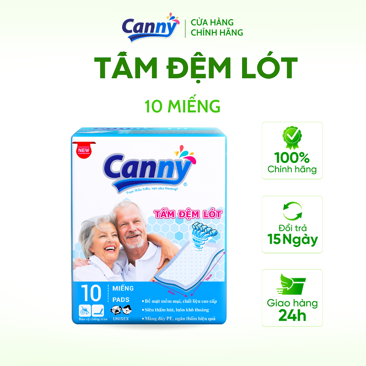 Tấm Đệm Lót Người Lớn CANNY Siêu Mềm Mại, Siêu Thấm, Kháng Khuẩn (10 miếng/gói)