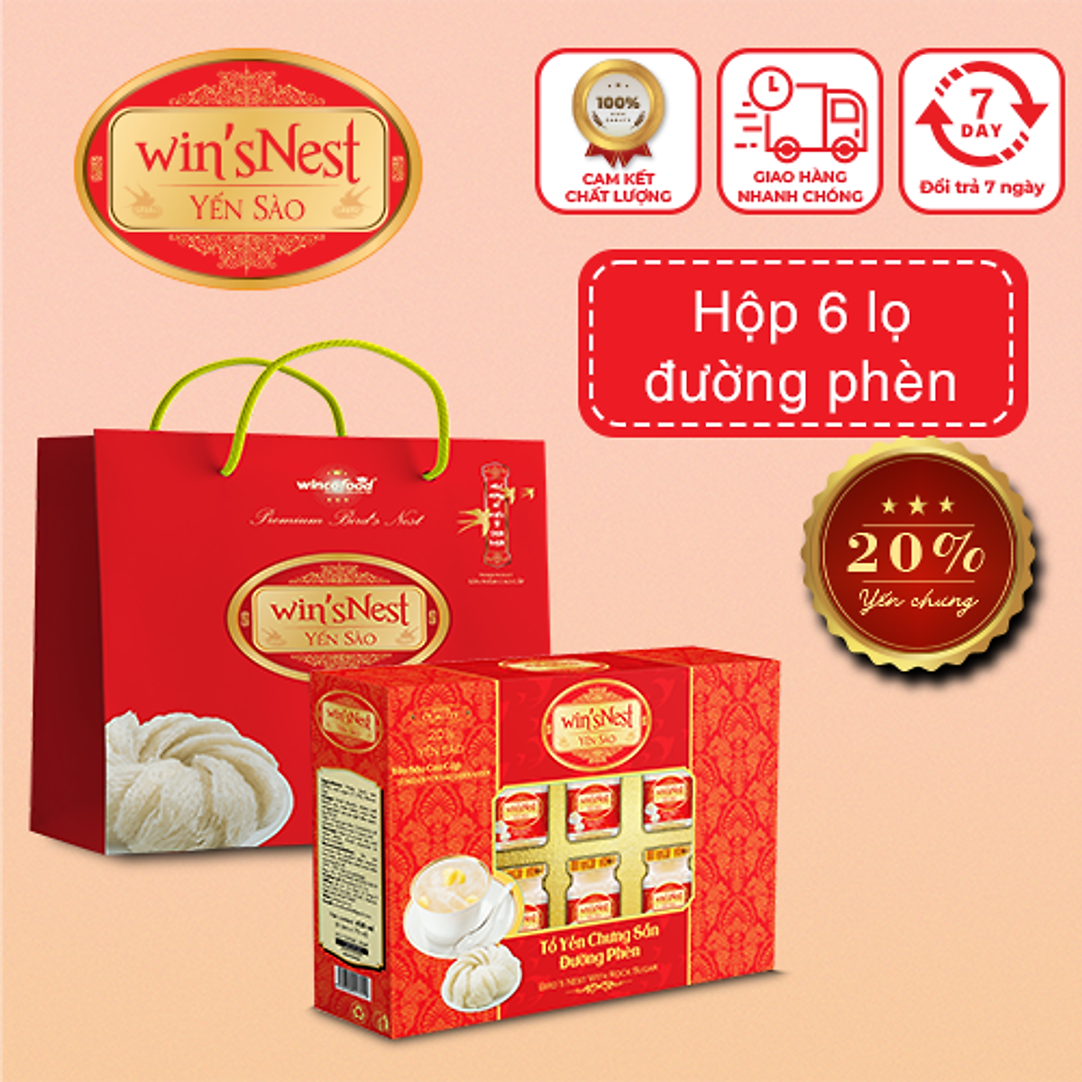 Yến sào cao cấp win'sNest tổ yến chưng sẵn đường phèn 20% (6 lọ/hộp) phù hợp cho mọi đối tượng và trẻ từ 1 tuổi trở lên giúp bồi bổ sức khỏe.