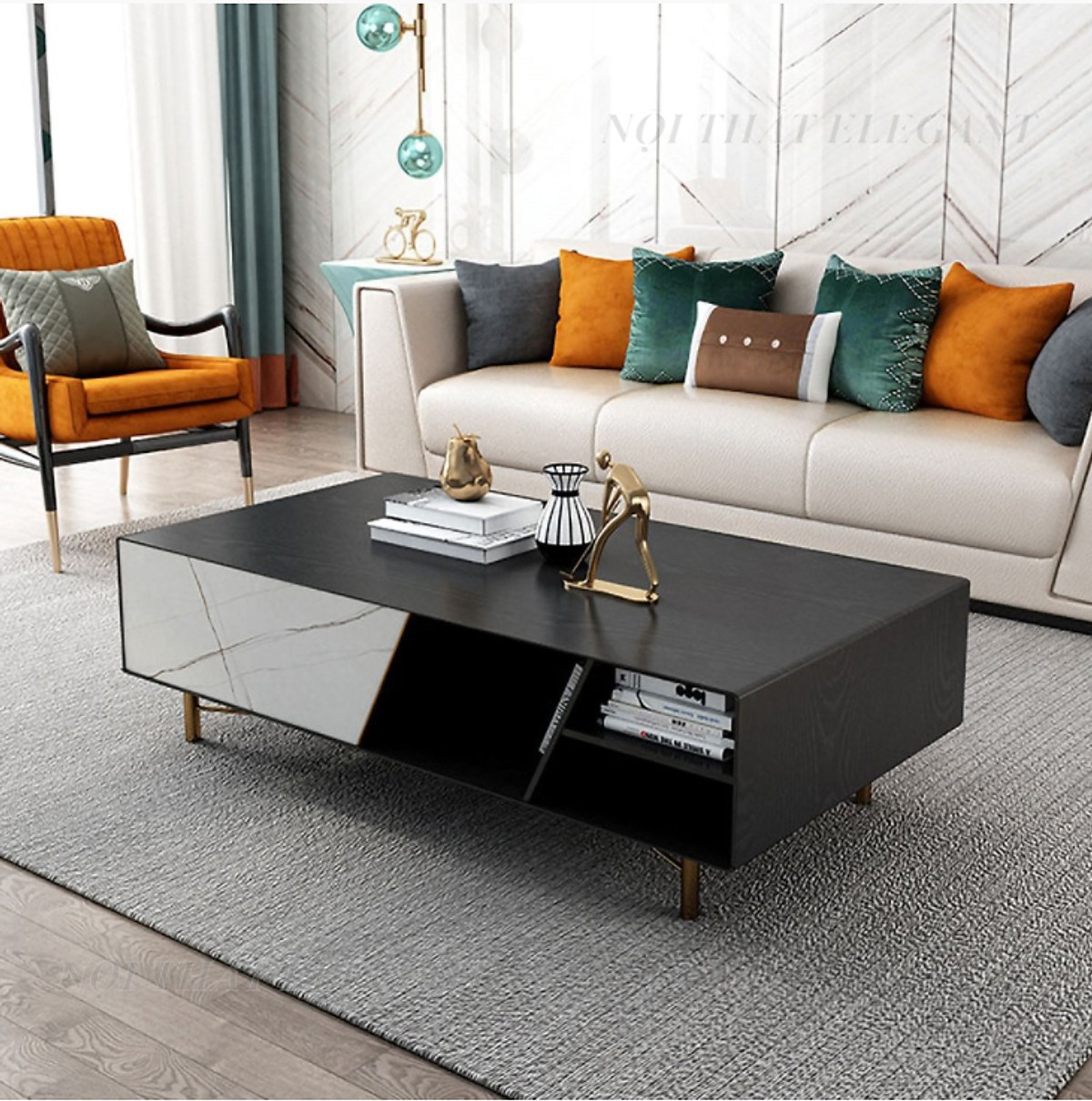 Mua Bàn Sofa/ bàn trà hình chữ nhật cao cấp, gỗ Laminate, chân kim loại sơn  tĩnh điện, có một ngăn kéo – EL-BT15 tại Nội thất Elegant