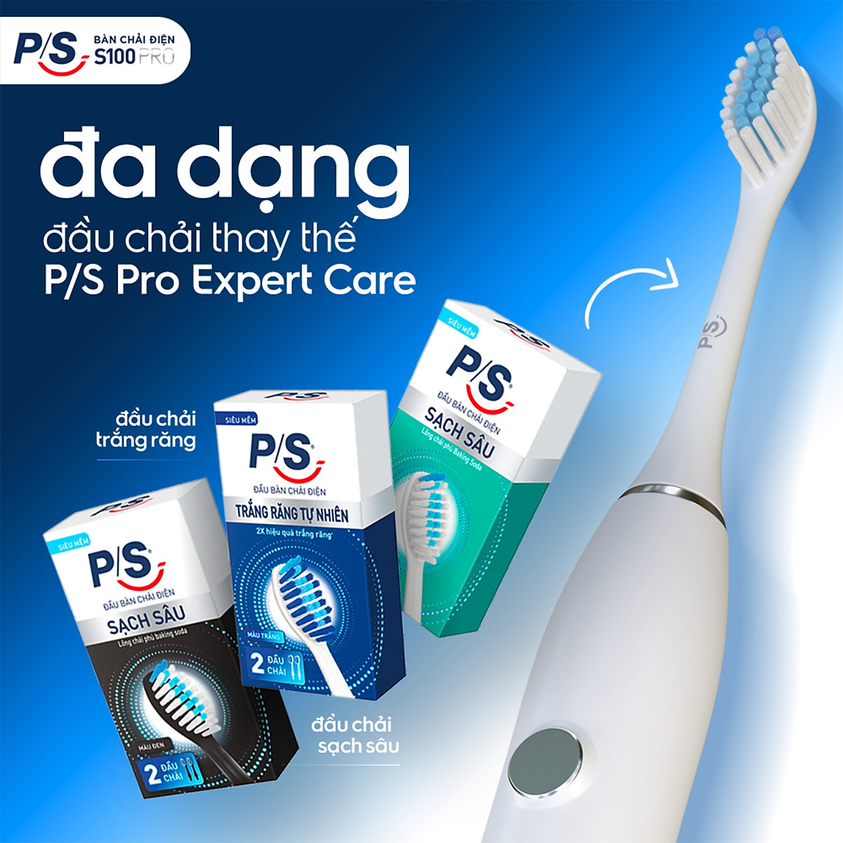 Bàn Chải Điện P/S S100 PRO - Công Nghệ Sóng Âm, Chải Sạch Mảng Bám Tới 10X - Trắng Sáng