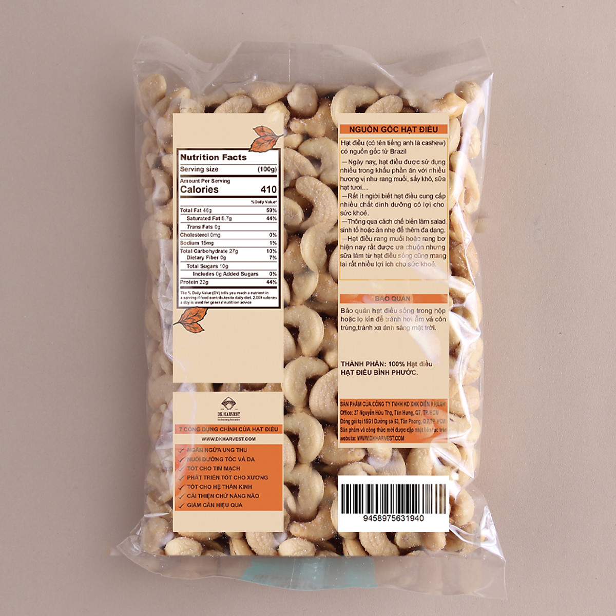Nhân Hạt Điều Sống Nguyên Hạt Dùng Làm Sữa Hạt DK Harvest - Túi 500g, 1000g