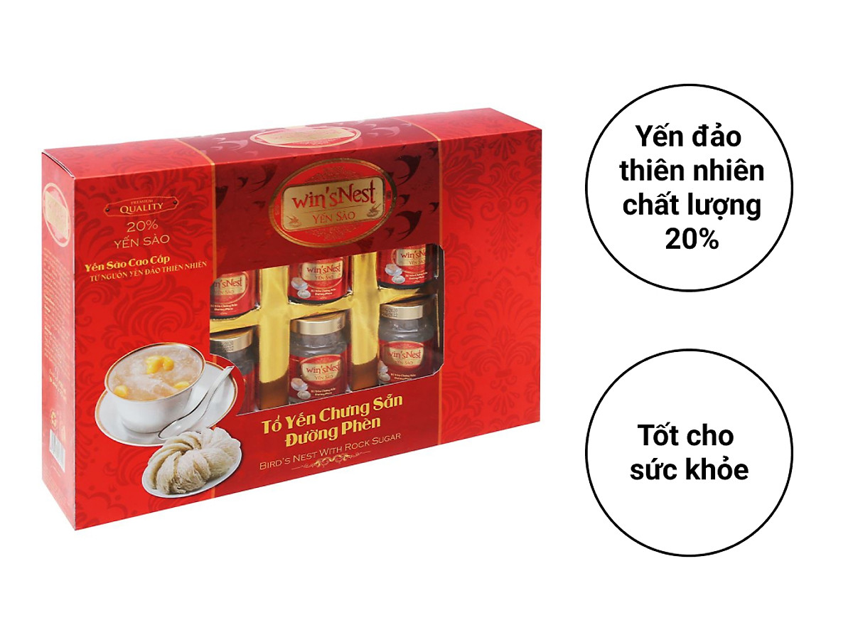 Yến sào cao cấp win'sNest tổ yến chưng sẵn đường phèn 20% (6 lọ/hộp) phù hợp cho mọi đối tượng và trẻ từ 1 tuổi trở lên giúp bồi bổ sức khỏe.