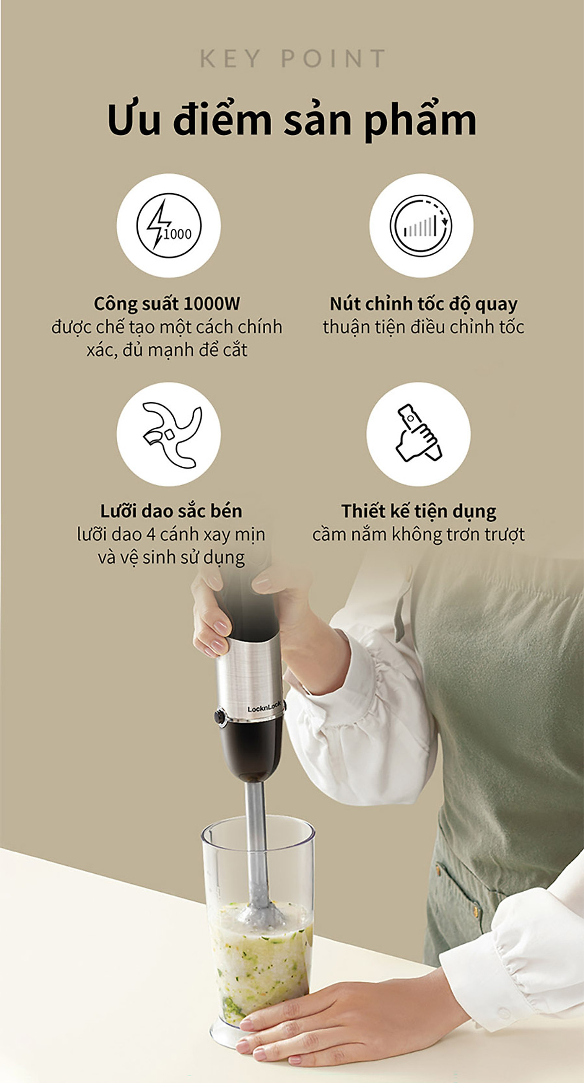 Máy xay cầm tay LocknLock - Hand Blender EJM559BLK (1000W) - Màu đen - Hàng chính hãng