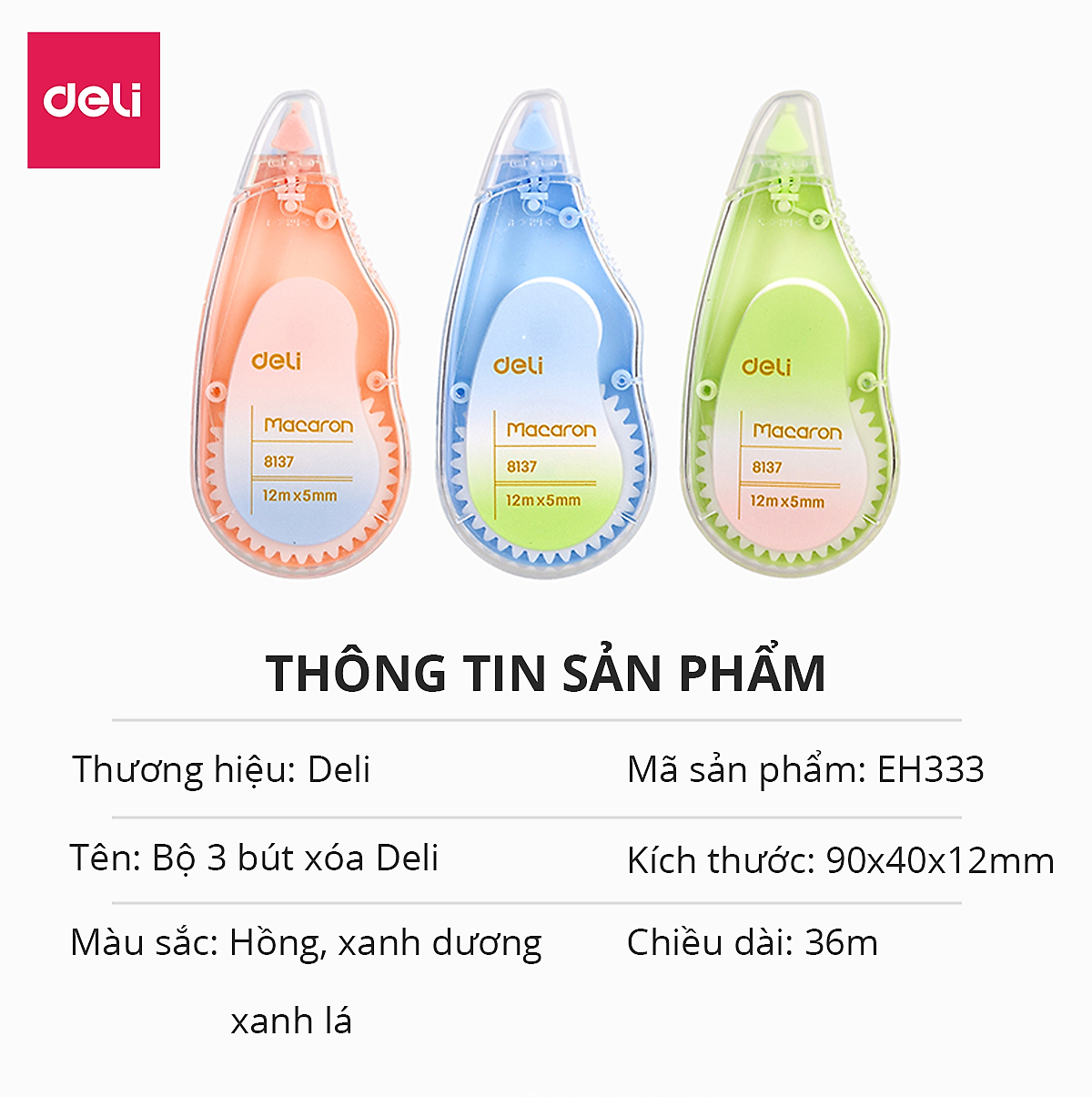 Băng xóa bút xóa kéo 12m Deli - Hình trái cây - Hồng/Xanh lá/Xanh dương - Set 3 chiếc - EH333