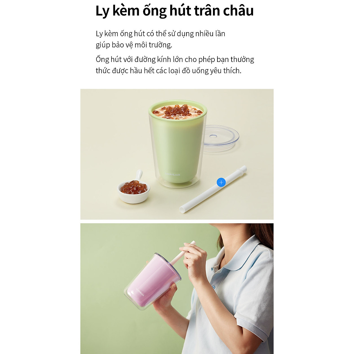 Ly nhựa 2 lớp Bubble Tea Cold Cup LocknLock HAP529 - Kèm ống hút - Dung tích 720ml
