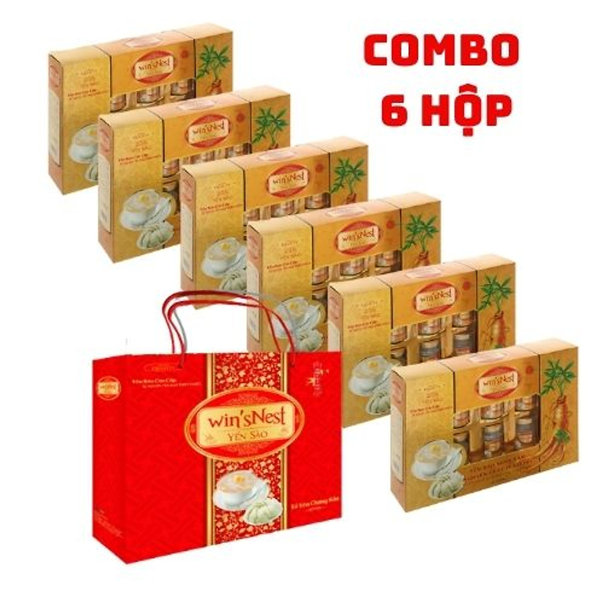 Yến Sào win'sNest Tổ Yến Chưng Sẵn 20% Nhân Sâm Ít Đường (6 Lọ/Hộp) Món quà sức khỏe KÈM TÚI