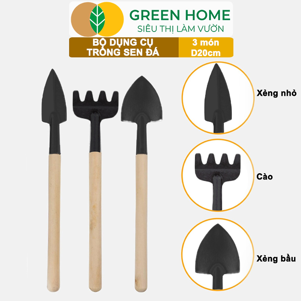 Dụng Cụ Làm Vườn Greenhome, 3 Món Gồm Xẻng Xúc Đất, Cào , Mini, Cán Gỗ, Tiện Lợi, Dễ Sử Dụng, Trồng Sen Đá, Tiểu Cảnh