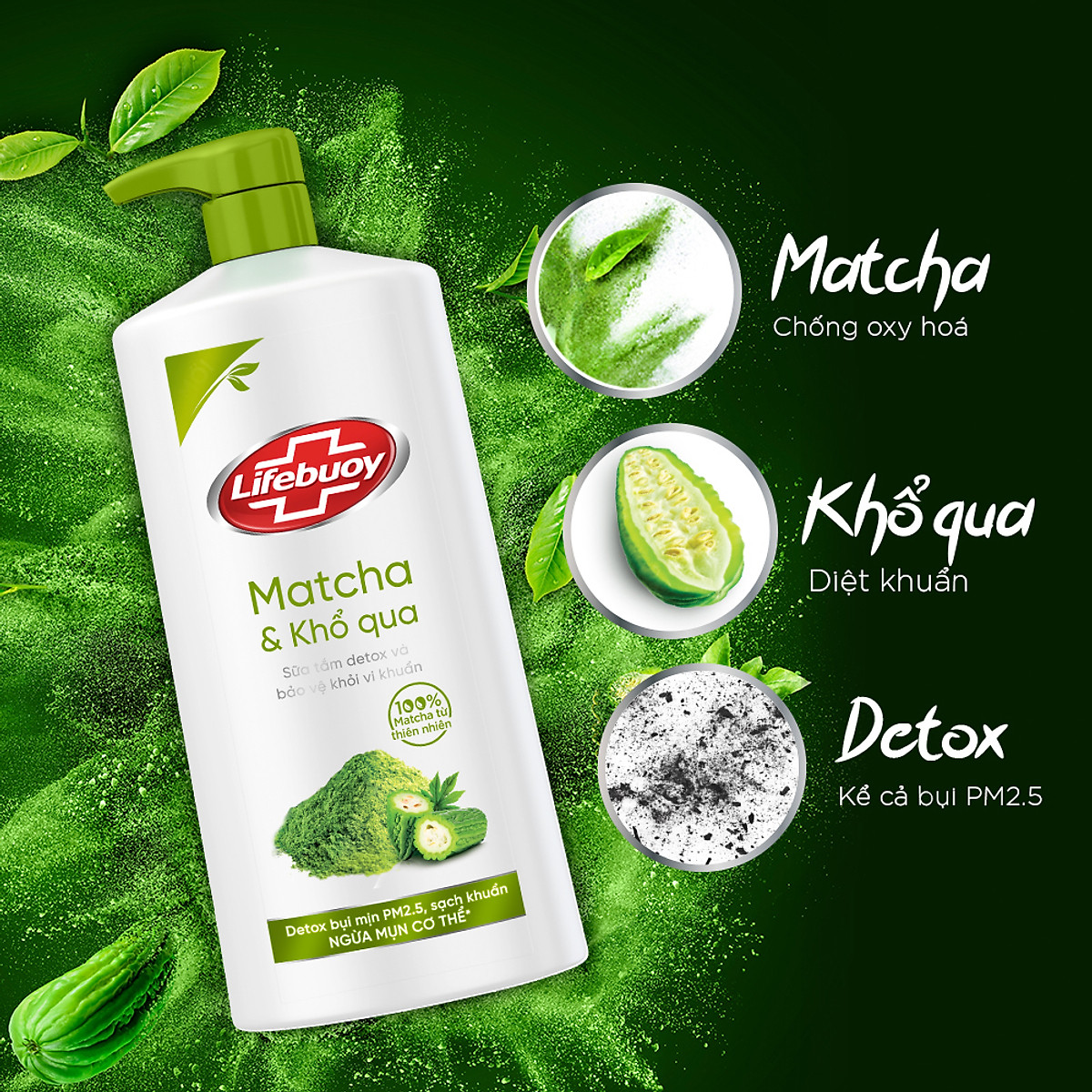Sữa Tắm Lifebuoy Detox Và Sạch Sâu Khỏi Bụi Mịn Pm2.5 Detox Bảo Vệ Khỏi Vi Khuẩn Gây Mụn Cơ Thể Matcha & Khổ Qua Chai 800G