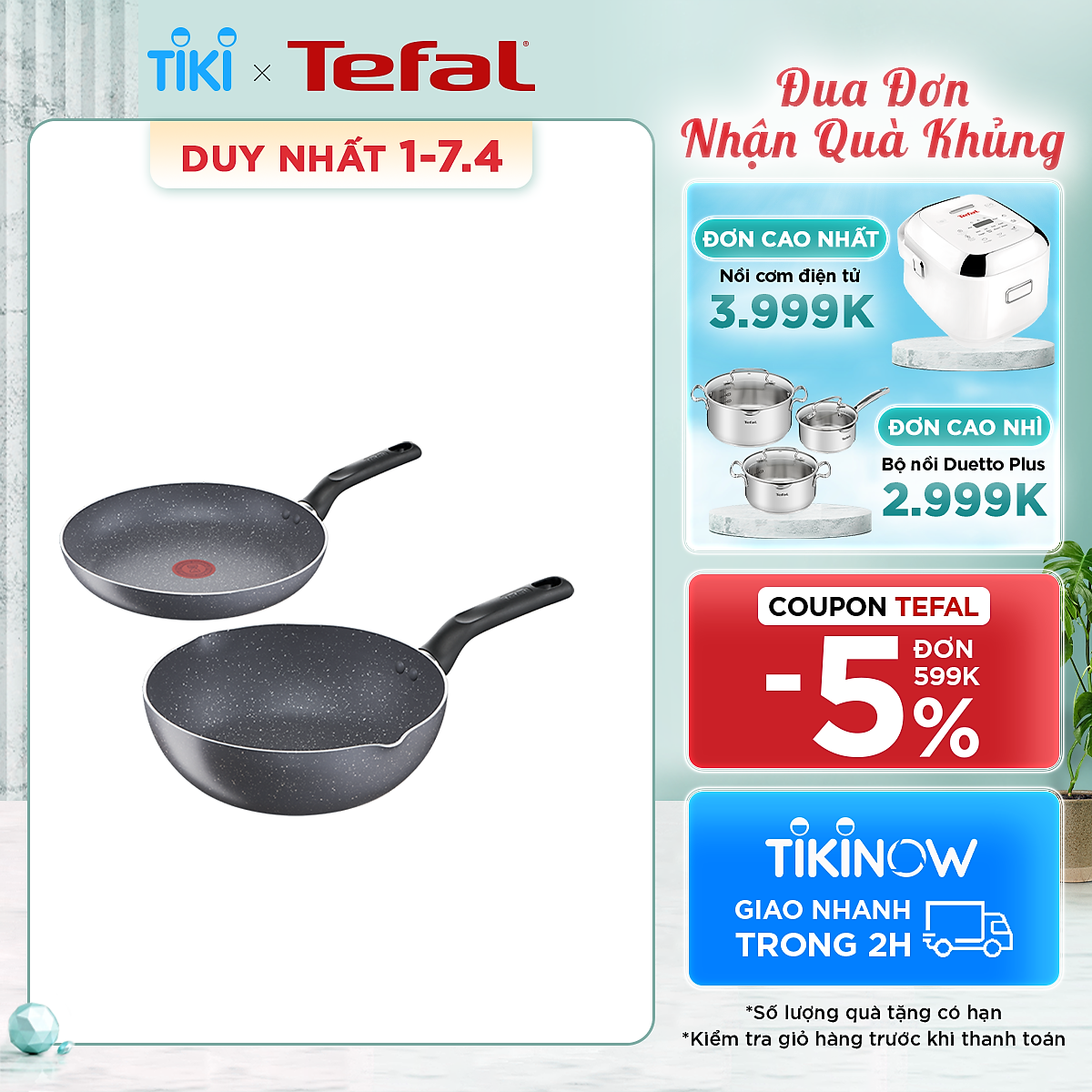 Bộ 2 chảo chiên chống dính vân đá Tefal Natura dùng cho bếp ga, bếp hồng ngoại (24cm, 28cm) - Hàng chính hãng