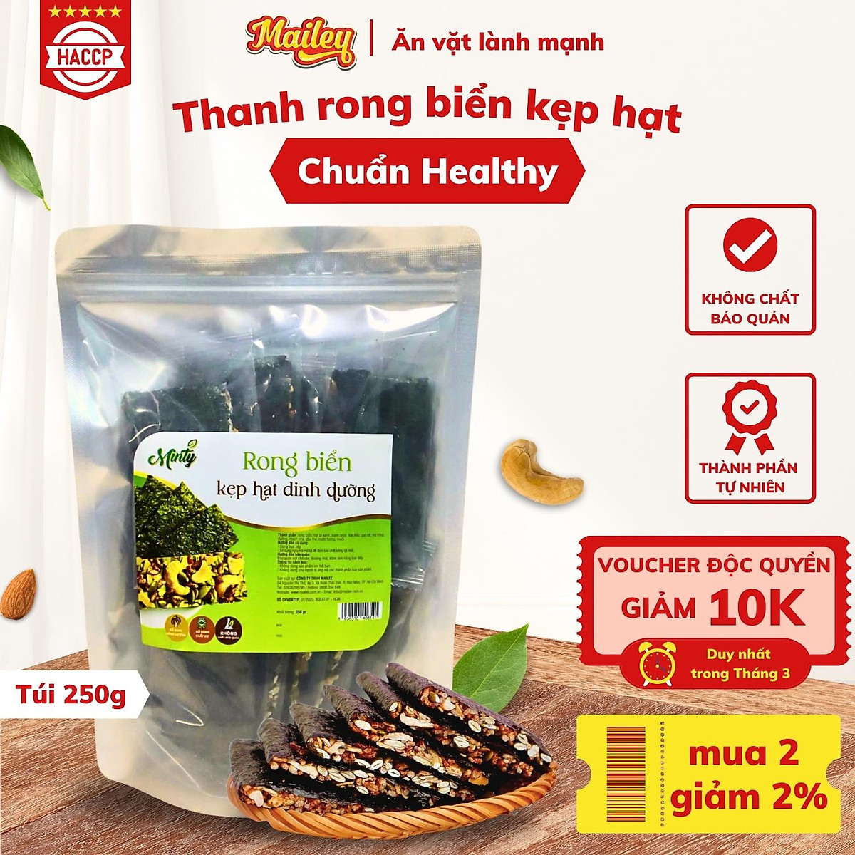 Rong biển kẹp hạt dinh dưỡng Mailey Túi 250g - hỗ trợ ăn kiêng giảm cân, bánh ngũ cốc dinh dưỡng