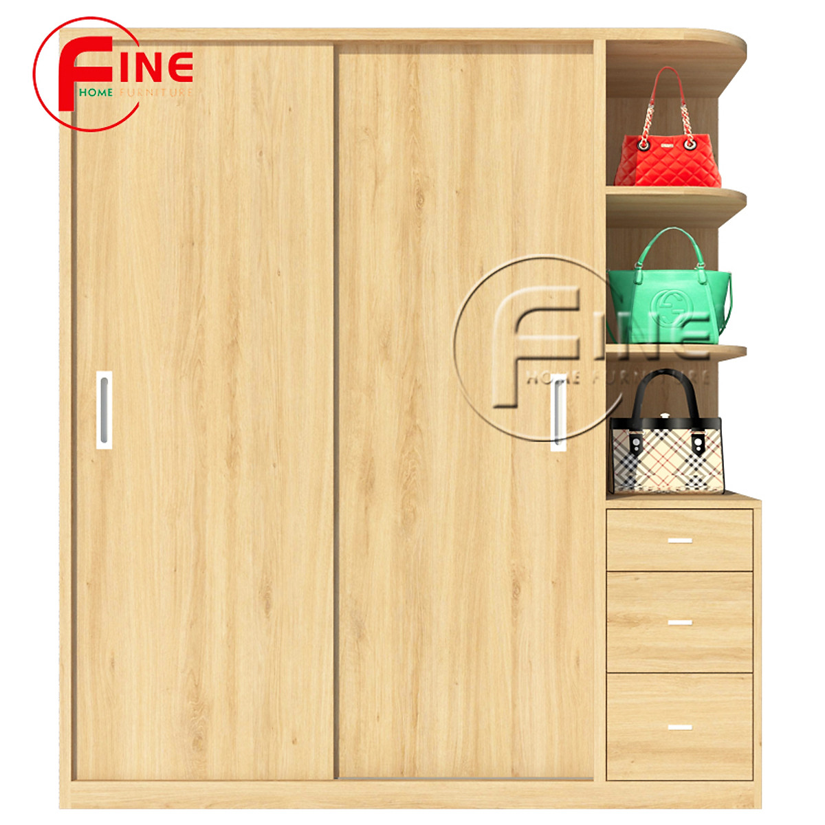 Tủ Quần Áo 2 Cánh Cửa Lùa Và 3 Hộc Kéo Và Kệ Trưng Bày Hiện