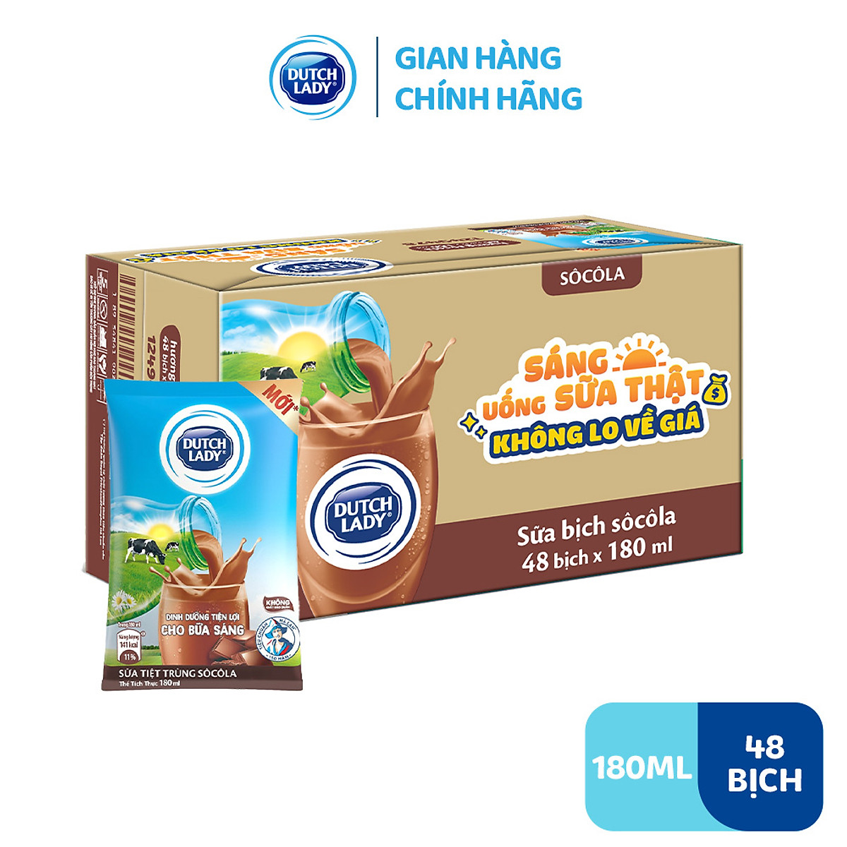 Thùng 48 Bịch Sữa Tươi Tiệt Trùng Dutch Lady Cô Gái Hà Lan Hương Socola 180ml