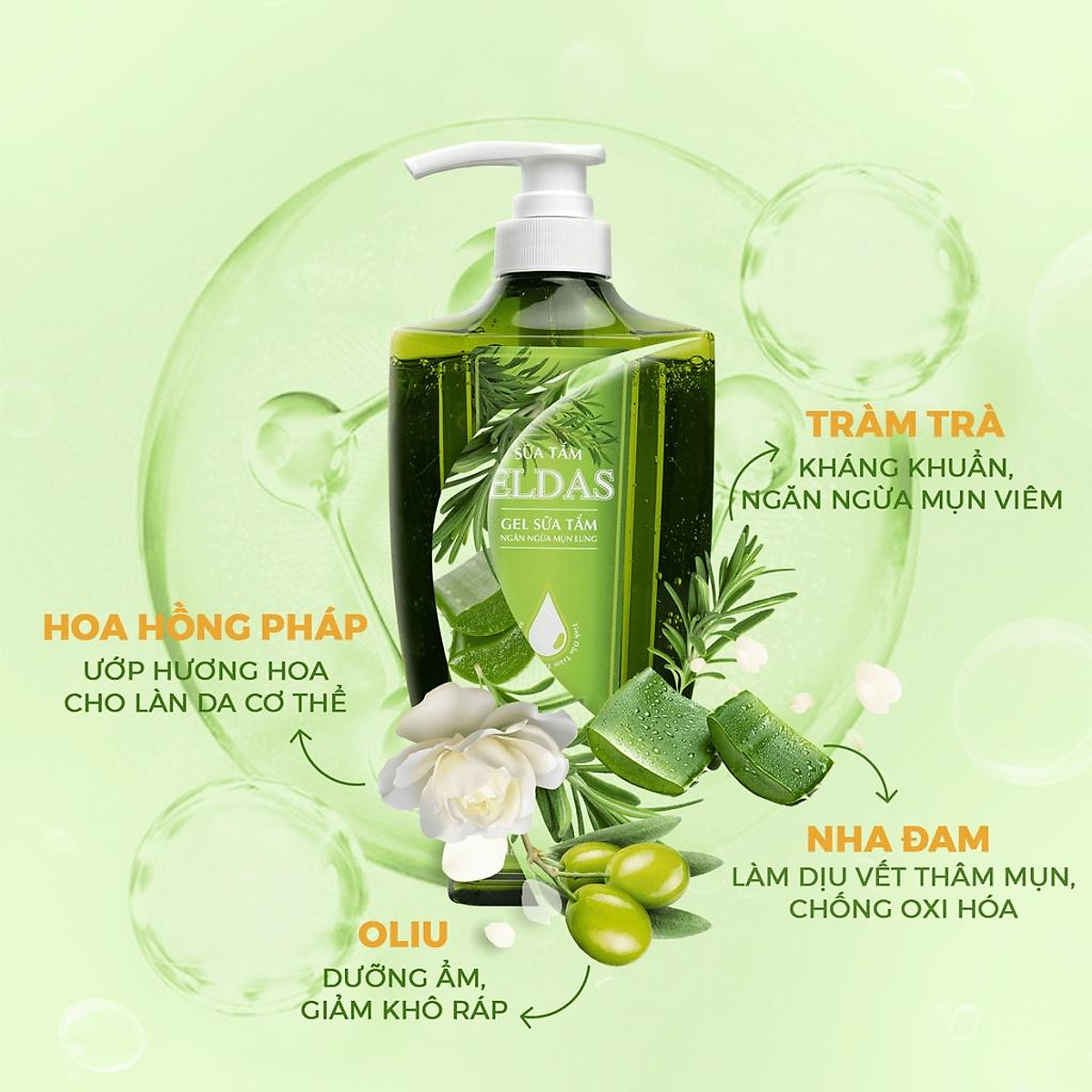 Sữa tắm mụn lưng ELDAS, sữa tắm giảm viêm nang lông, tinh chất TRÀM TRÀ KHỔ QUA diệt khuẩn ngăn ngừa mụn cơ thể 550ml