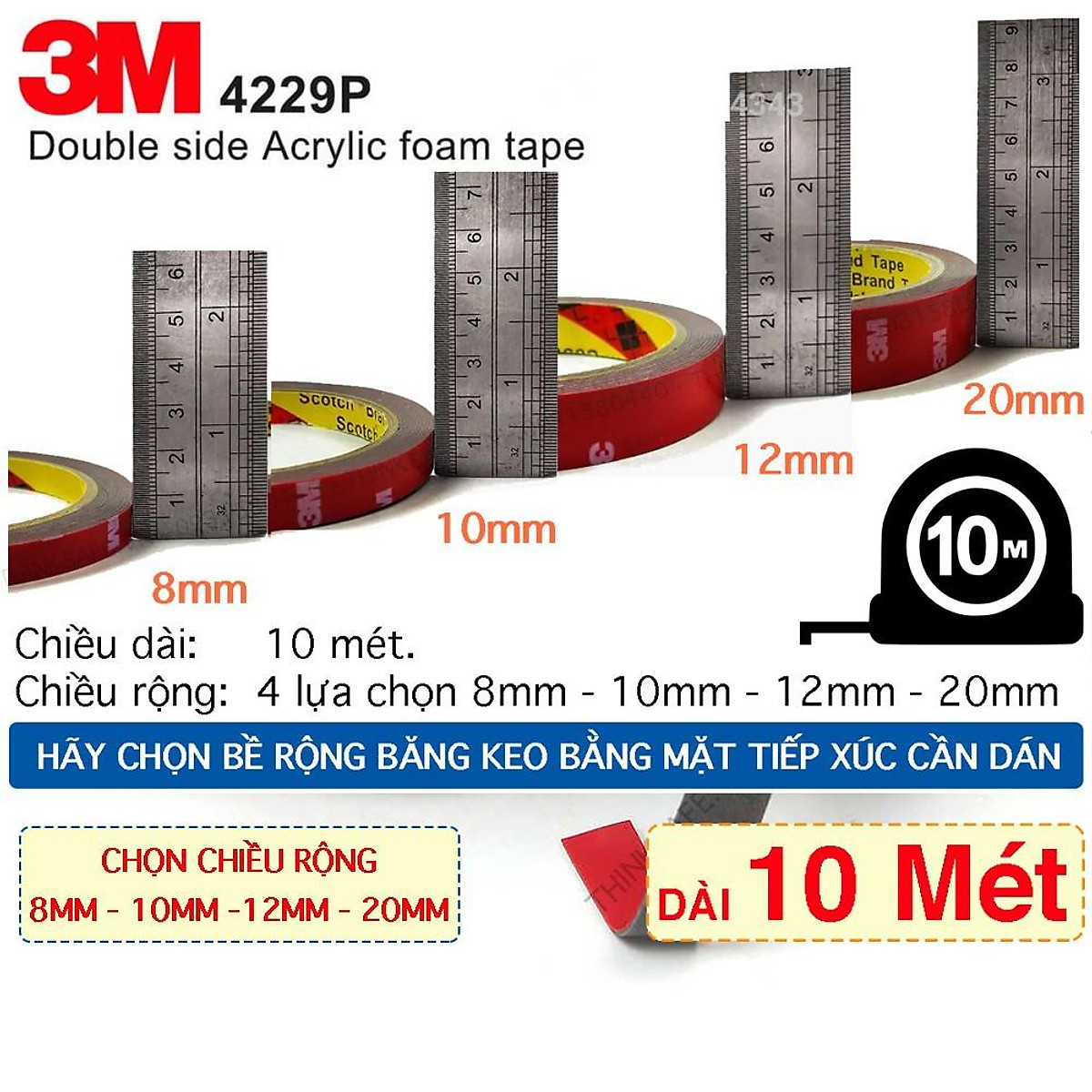 Băng keo cường lực 3M 4229P băng keo 2 mặt siêu dính, siêu chắc, nhiều lựa chọn bề rộng, chiều dài 10 mét
