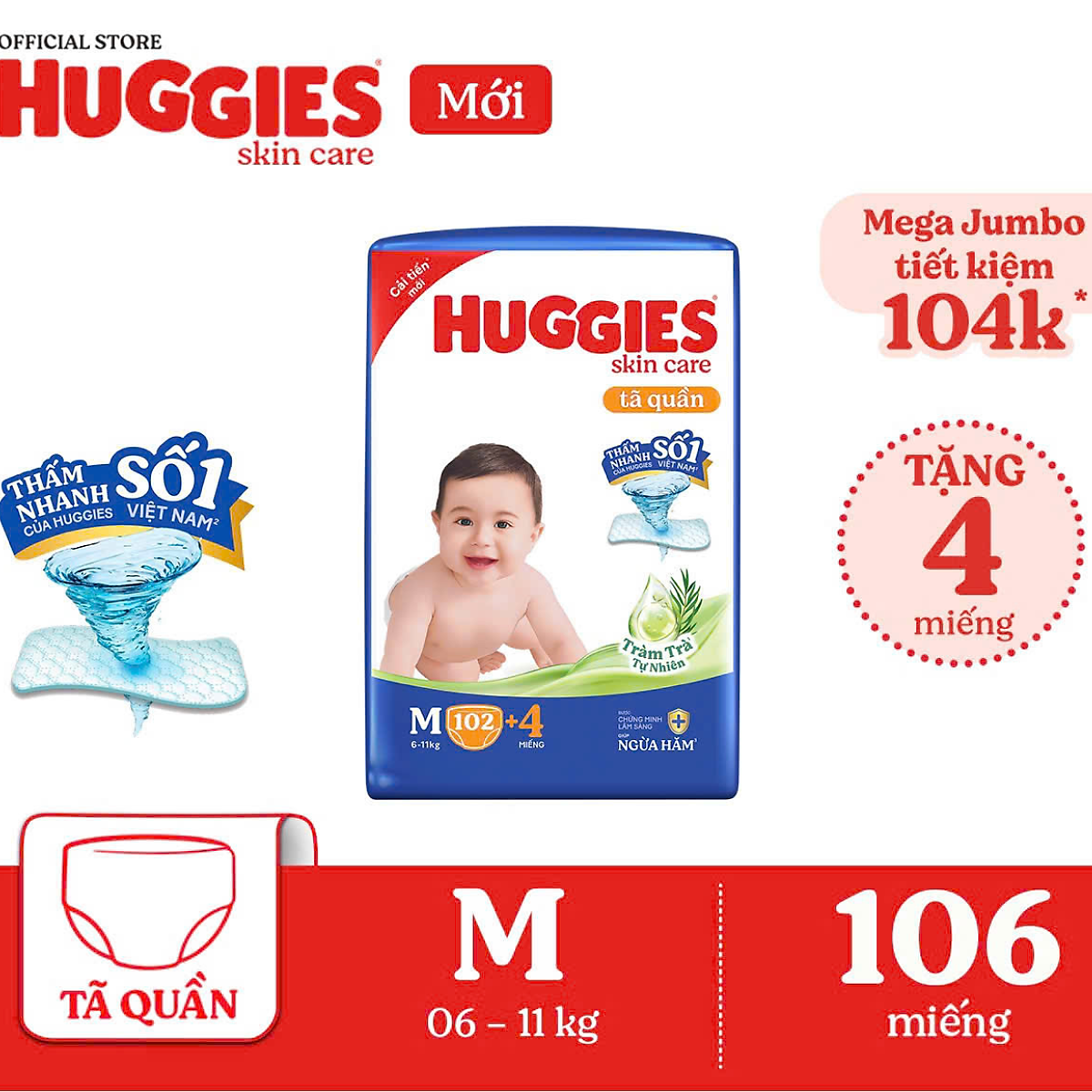 Tã/bỉm quần HUGGIES SKINCARE MEGA JUMBO size M 106 miếng