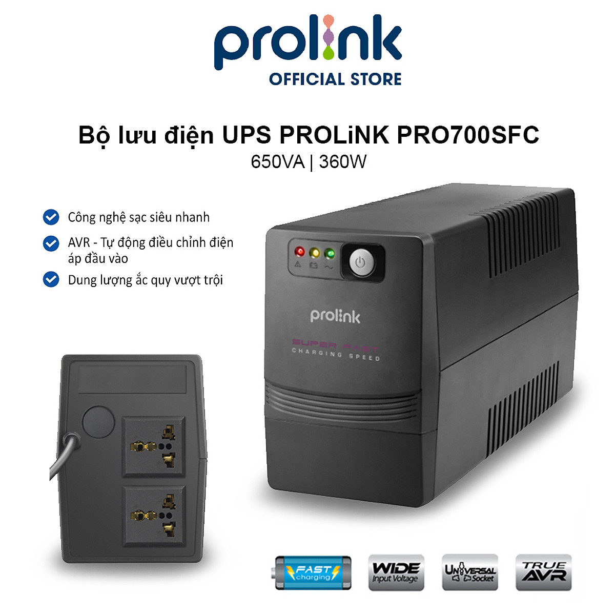 Bộ nguồn cấp điện liên tục UPS PROLINK 650VA (PRO700SFC) Công suất 360W, công nghệ Line Interactive tích hợp bộ AVR, sạc siêu nhanh - Hàng chính hãng