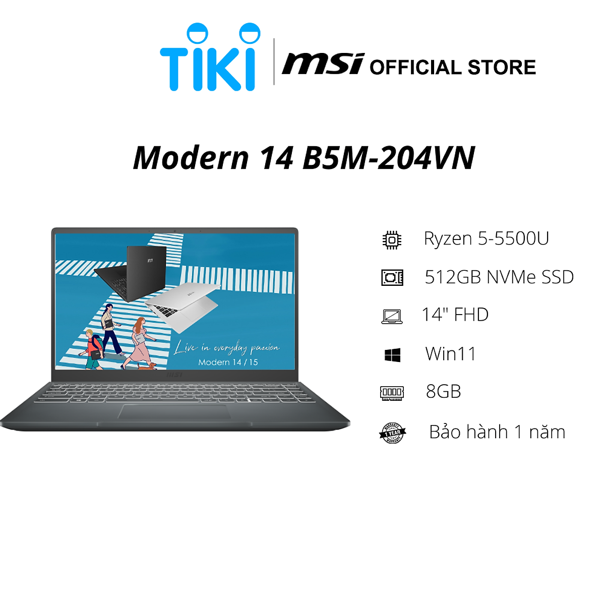 Laptop MSI Modern 14 B5M-204VN (AMD R5-5500U/ 8GB DDR4/ 512GB SSD/ 14 FHD IPS/ Win11) - Hàng Chính Hãng
