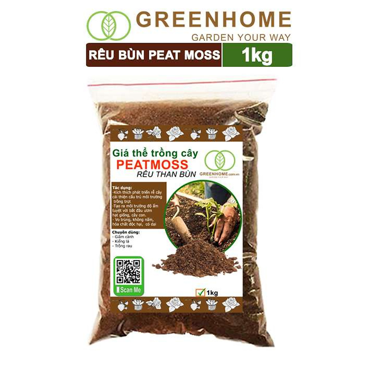 Rêu than bùn peatmoss Peatman, bao 1kg, trộn đất trồng sen đá ...