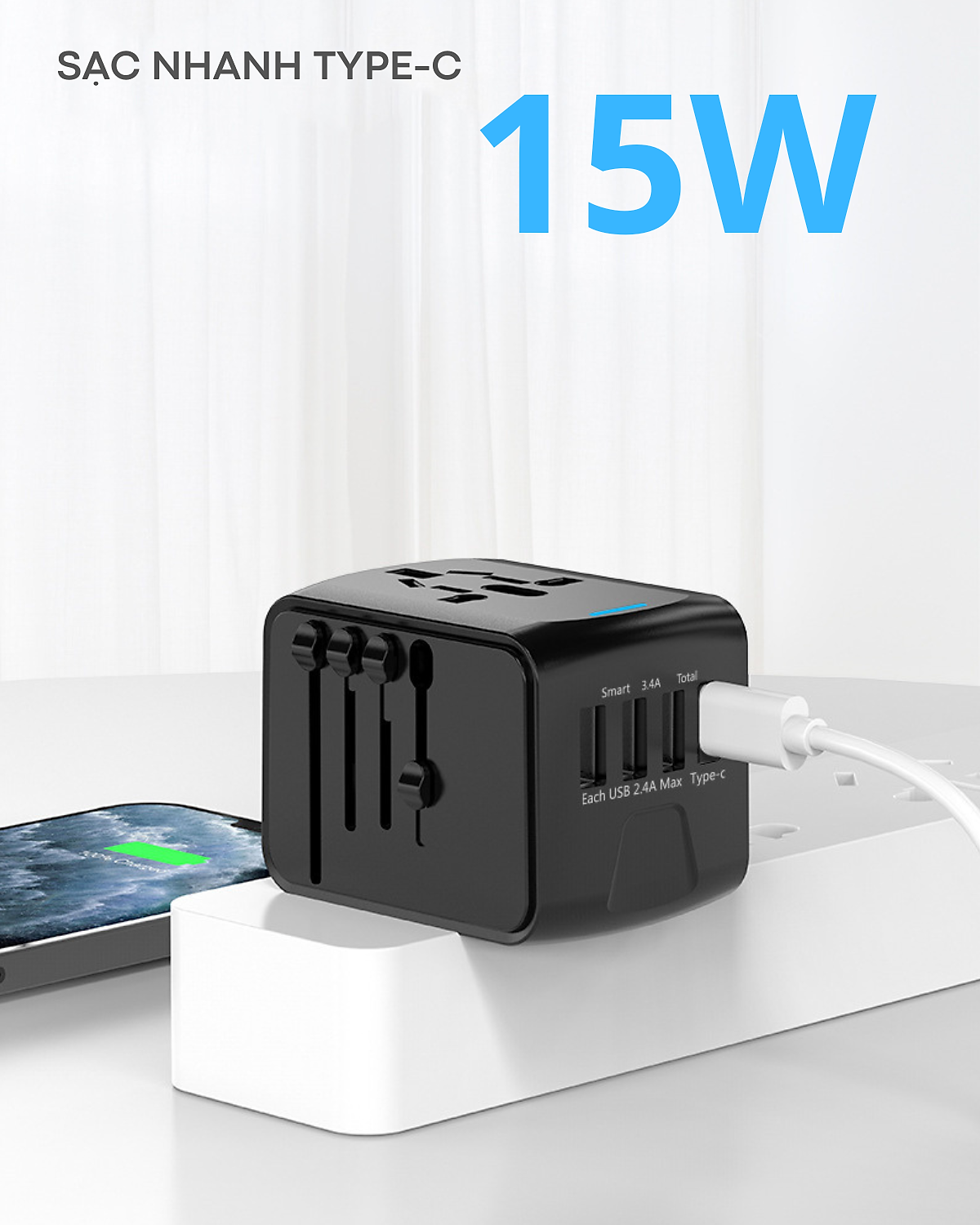 Ổ Cắm Điện Du Lịch Quốc Tế Đa Năng Tích Hợp 3 Cổng USB-A 1 Cổng USB C. Chất Liệu Nhựa PC Chống Cháy Phù Hợp Với Hơn 150 Nước. Hàng Chính Hãng Tamayoko