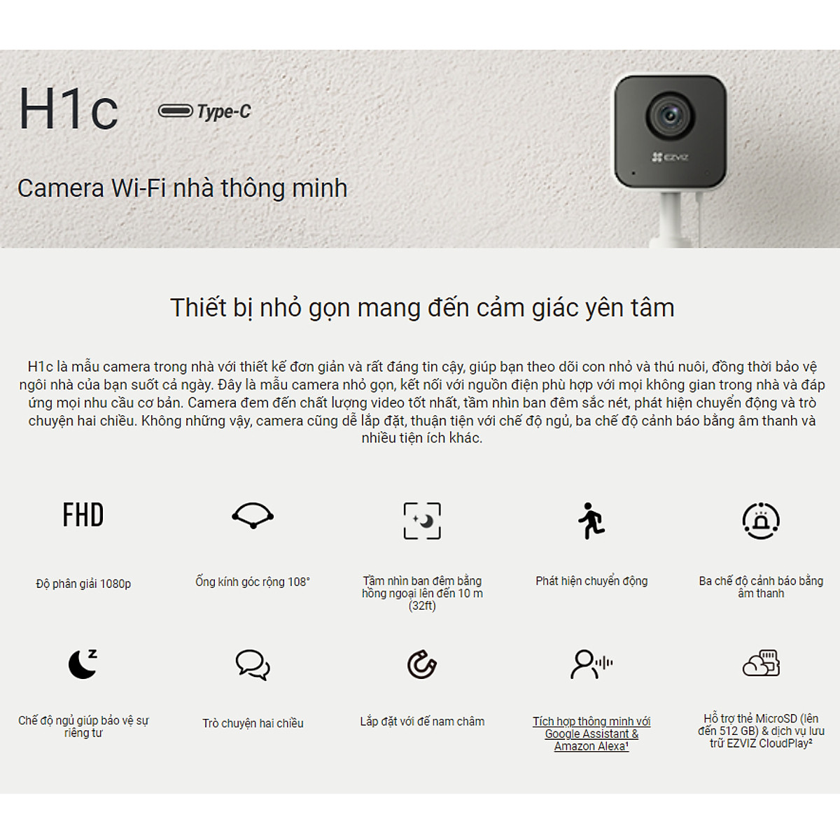 Camera Wi-fi EZVIZ H1C/C1HC Trong Nhà, FHD 1080P, Góc Rộng Cố Định, Đàm Thoại Hai Chiều, Nén Video H265 - Hàng Chính Hãng