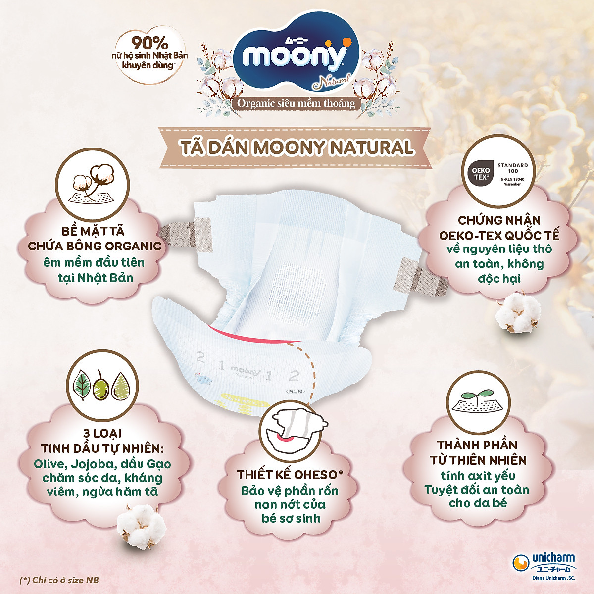 Tã/Bỉm dán organic siêu cao cấp Moony Natural Newborn 62+4 miếng