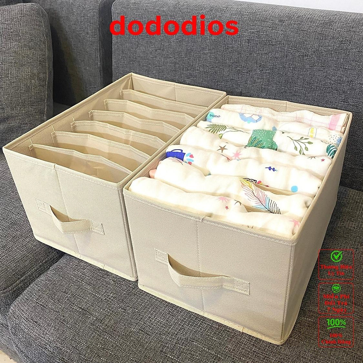 Bộ 2 hộp đựng đồ chia 7 ngăn sắp xếp quần áo dododios - Hộp vải đa năng HQ2 tiện ích, chất liệu cao cấp, phong cách Nhật Bản sang trọng