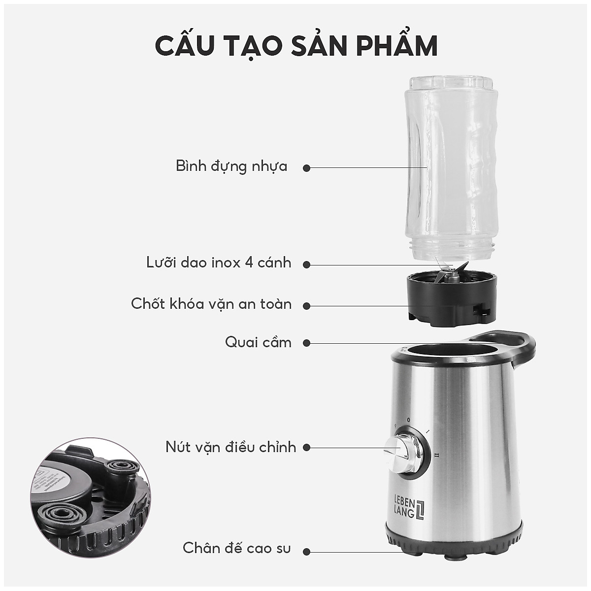 Máy xay sinh tố LEBENLANG gồm 2 cối tích hợp bình chứa dung tích 300-600ml, công suất 350W, model LBSP8648 - hàng chính hãng
