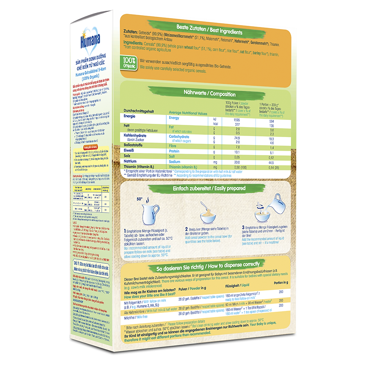Bột ăn dặm dinh dưỡng Humana 5 loại ngũ cốc GETREIDEBREI 5 - KORN- Nhập khẩu 100% từ Đức.