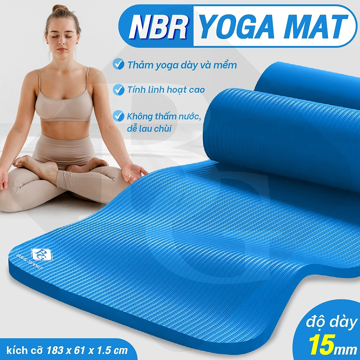 BG Thảm tập Yoga,GYM chuyên dụng dày 15mm NBR nguyên khối, độ đài hồi tốt, chống lún, Chống trơn trượt, độ bám cao, ngăn ngừa hôi và ẩm mốc (hàng nhập khẩu)
