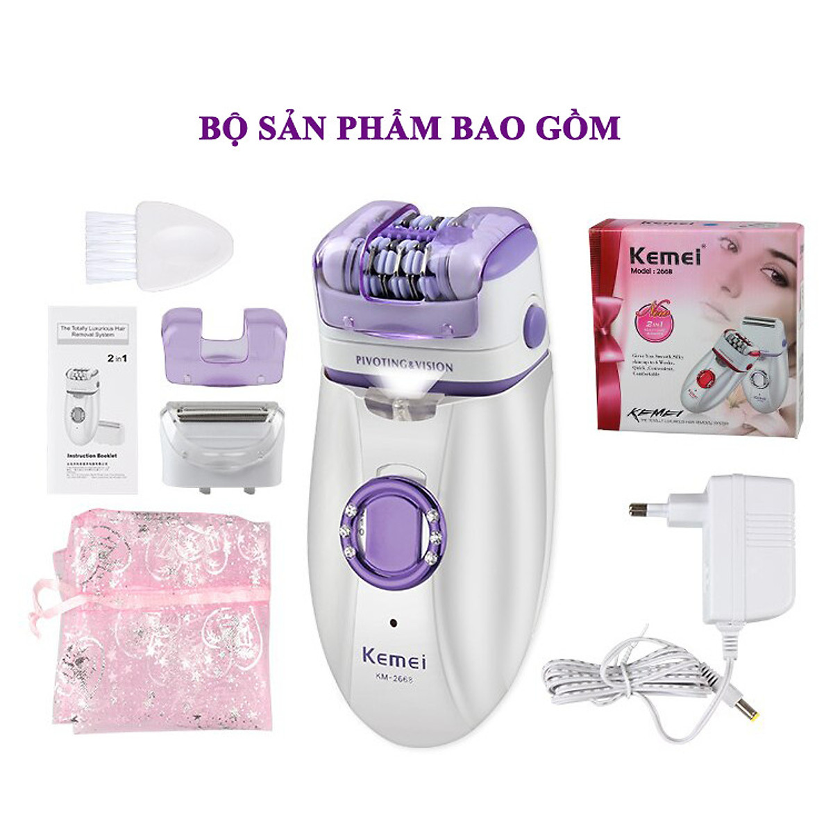 Máy cạo tẩy lông đa năng 2in1 Kemei KM-2668 dùng pin sạc tiện lợi dùng để cạo lông, nhổ lông, wax lông toàn thân ( Giao màu ngẫu nhiên )