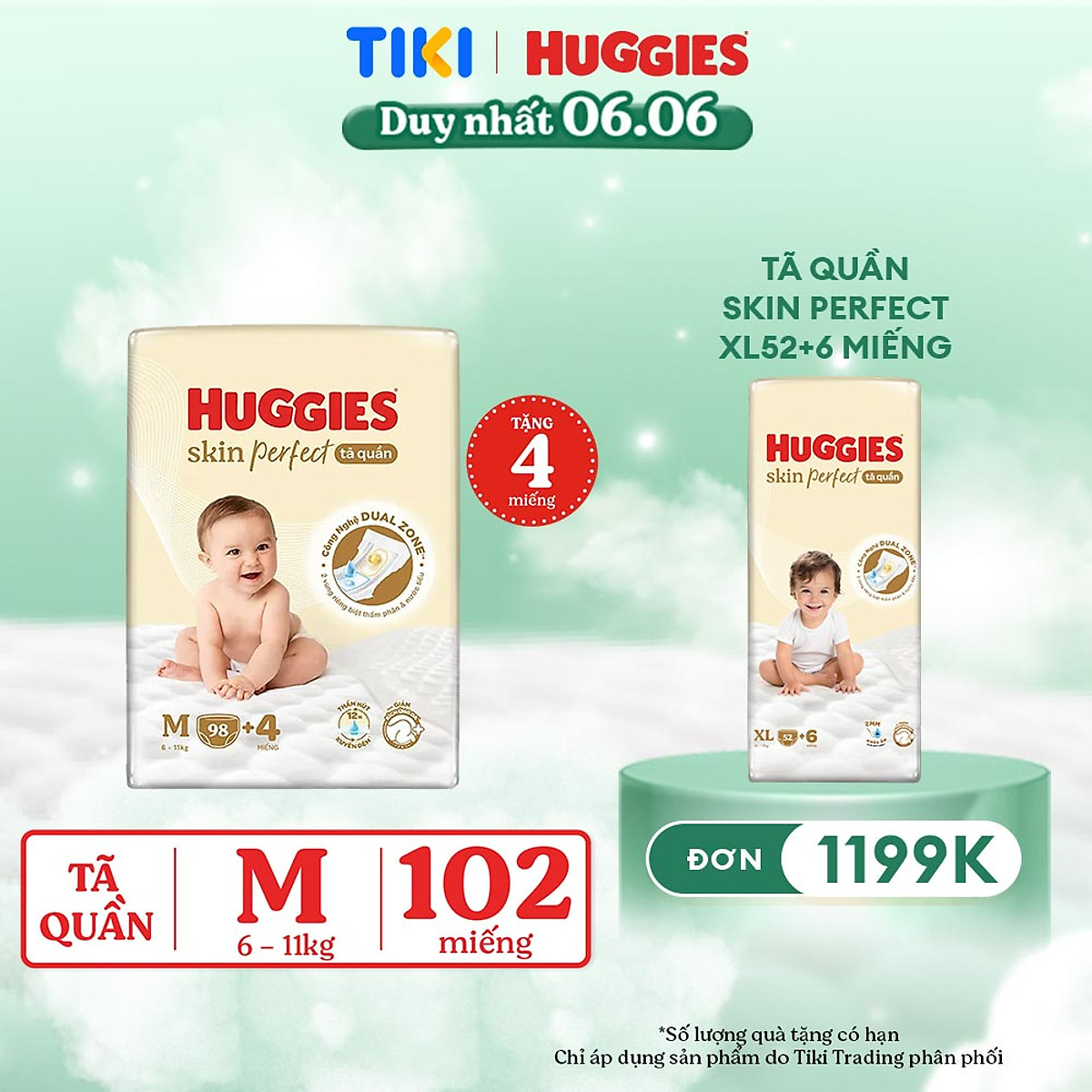 Tã quần Huggies Skin Perfect Mega Jumbo M98+4 với 2 vùng thấm giảm kích ứng da