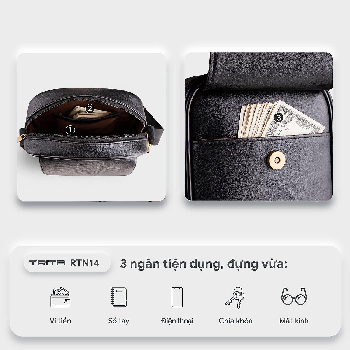 Túi đeo chéo da nam nắp gập Trita RTN14