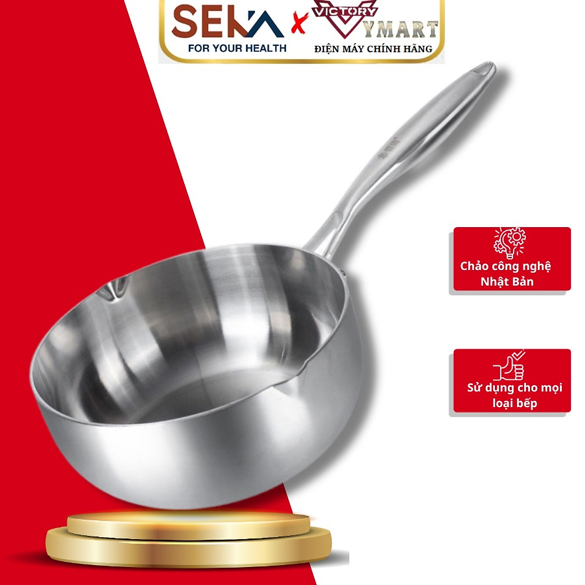 Chảo Tuyết Nguyên Khối SEKA, Chảo Inox Nguyên Khối Chống Dính, Đáy Từ 22, 24, 26cm Dùng Được Mọi Loại Bếp - Hàng Chính Hãng