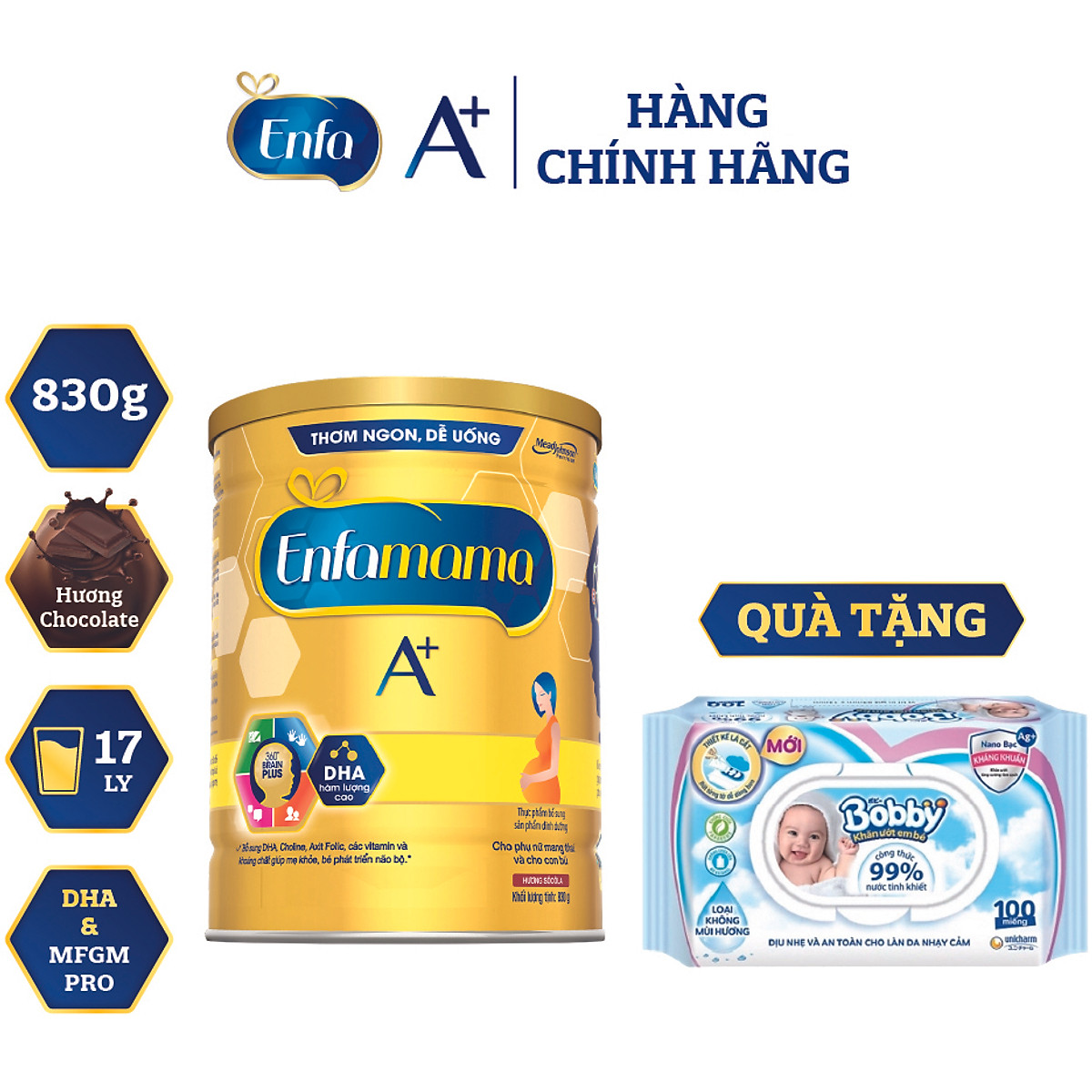 Bộ 1 Lon Sữa Bầu Enfamama 360° Brain Plus Cho Mẹ - Vị Chocolate - 830g - Tặng 1 khăn ướt Bobby hông mùi 100 tờ