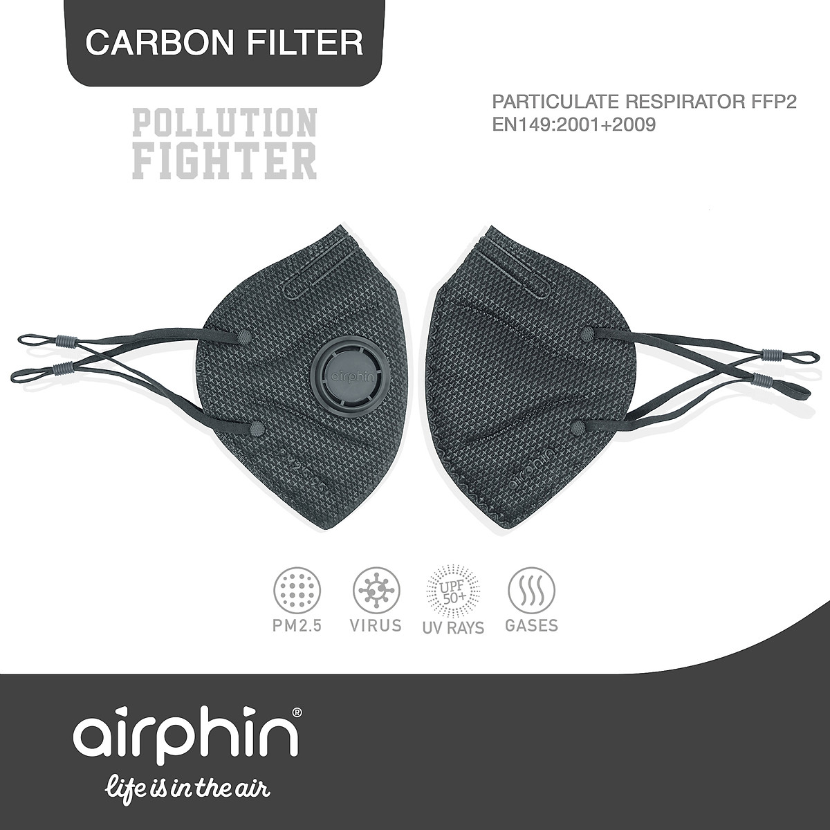 Khẩu trang Airphin- Pollution Fighter- Người lớn- 2 màu Đen - ghi. 45k/c