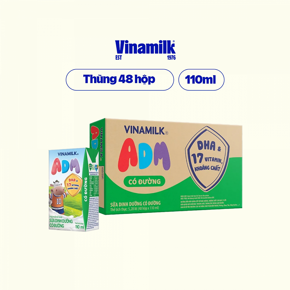 Sữa dinh dưỡng Vinamilk ADM Có Đường - Thùng 48 hộp 110ml
