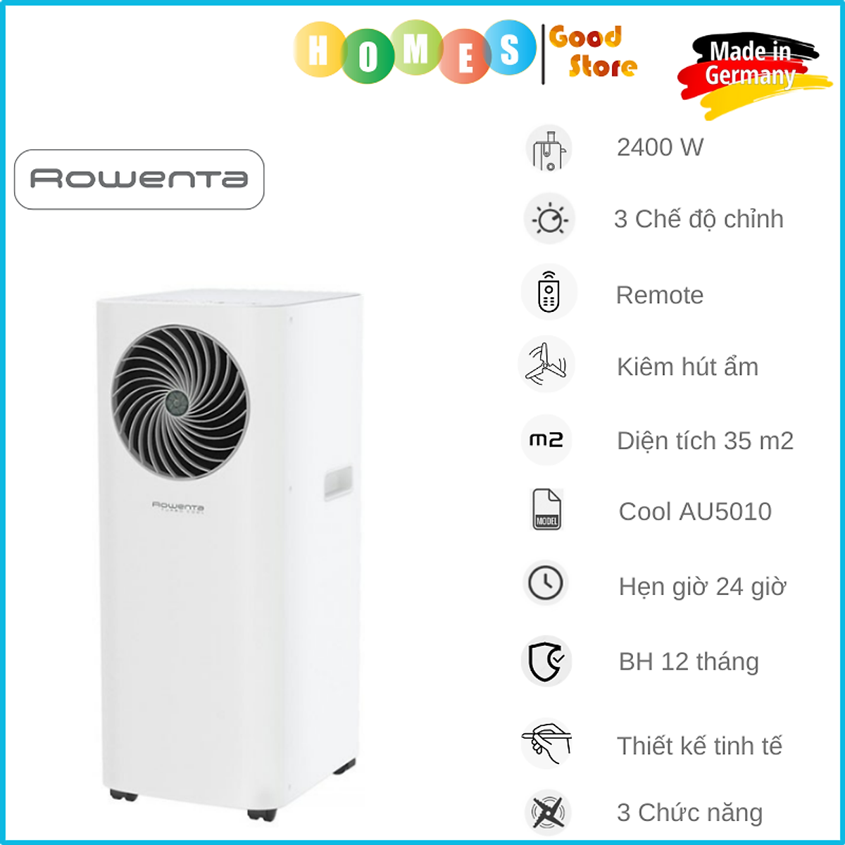 Quạt Điều Hòa Máy Lạnh Kiêm Máy Hút Ẩm ROWENTA Turbo Cool AU5010, 3 Chế