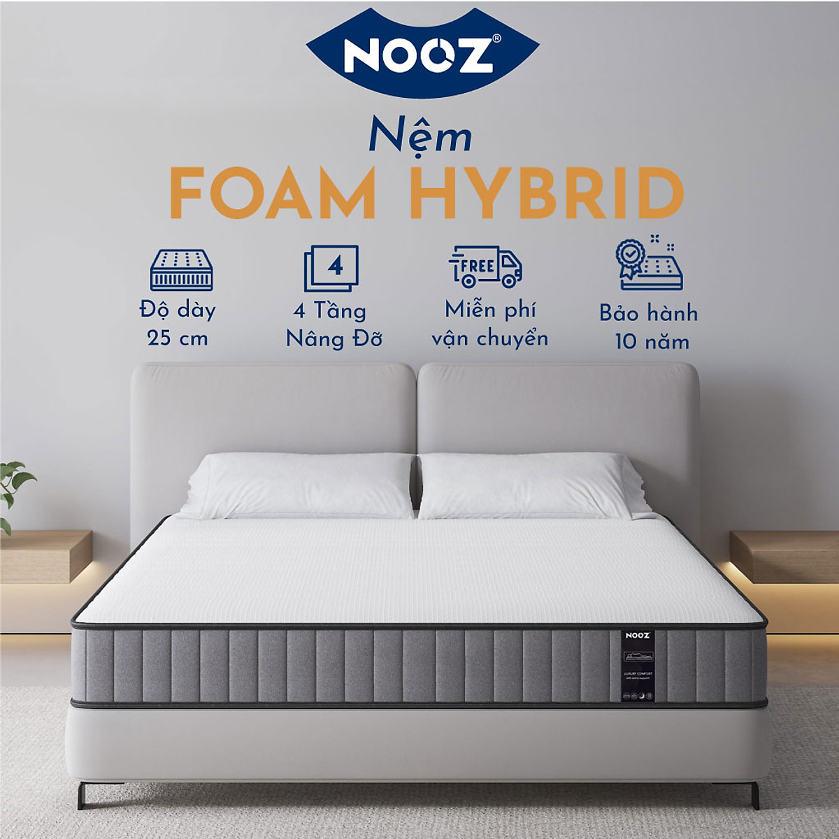 Nệm Foam Hybrid 25cm Nooz Home Goods Tiêu Chuẩn CertiPUR-US Ruột Đệm Lò Xo Túi Độc Lập Kết Hợp Cùng 2 Tầng Cao Su Non (Convulated Foam và High Density Foam)