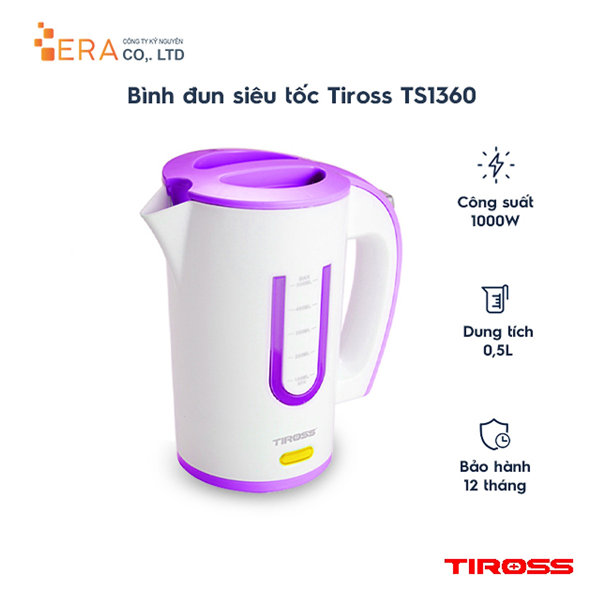 Ấm Siêu Tốc Du Lịch Tiross TS1360 0.5L- Tím - Hàng chính hãng