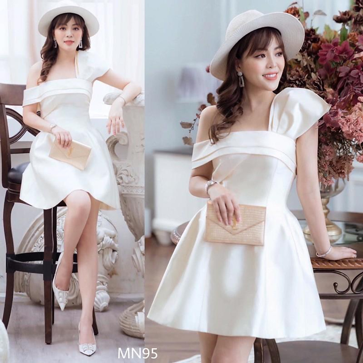 Đầm dự tiệc đầm sang trọng dáng xoè Taffta nơ ngực chéo vai đi chơi dạo phố công sở MN95 - Đầm Váy Mina