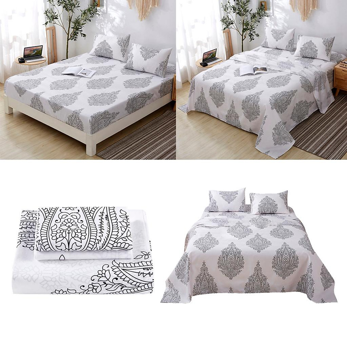 4Pcs/Set Bed Cover with Pillow Case Flat Sheet Bedding Set | Tiki