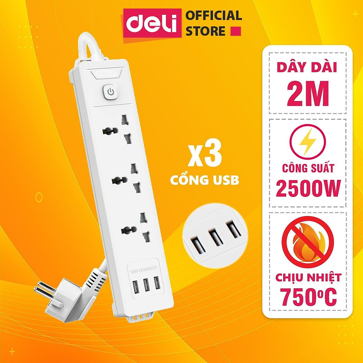 Ổ Cắm Điện Đa Năng Kèm Cổng USB Có Công Tắc Chống Giật Chống Cháy Chất Lượng Cao Deli - Hàng Chính Hãng - ET407 408
