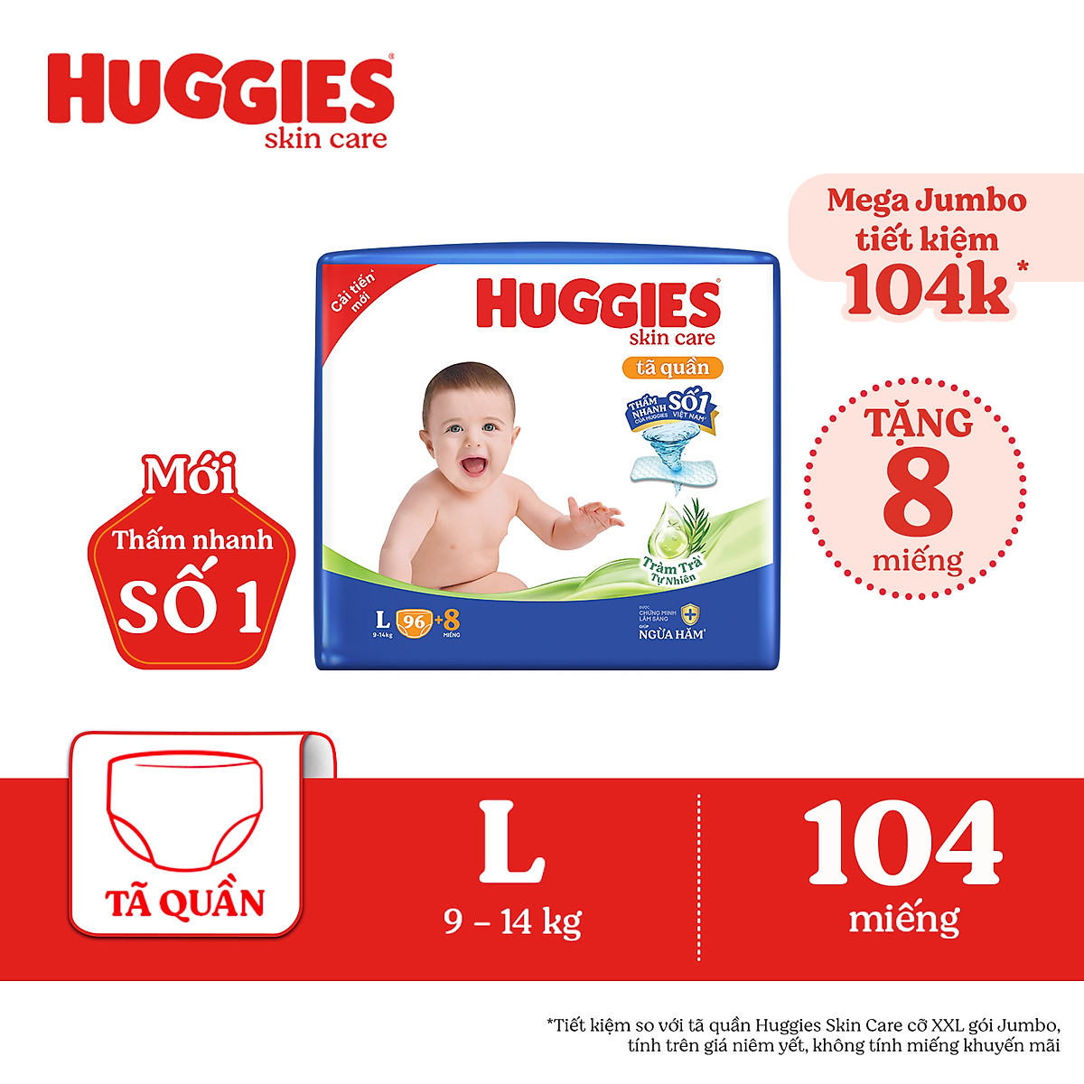 Tã/bỉm quần Huggies Skin Care Mega Jumbo L96+8 miếng với tràm trà dịu da
