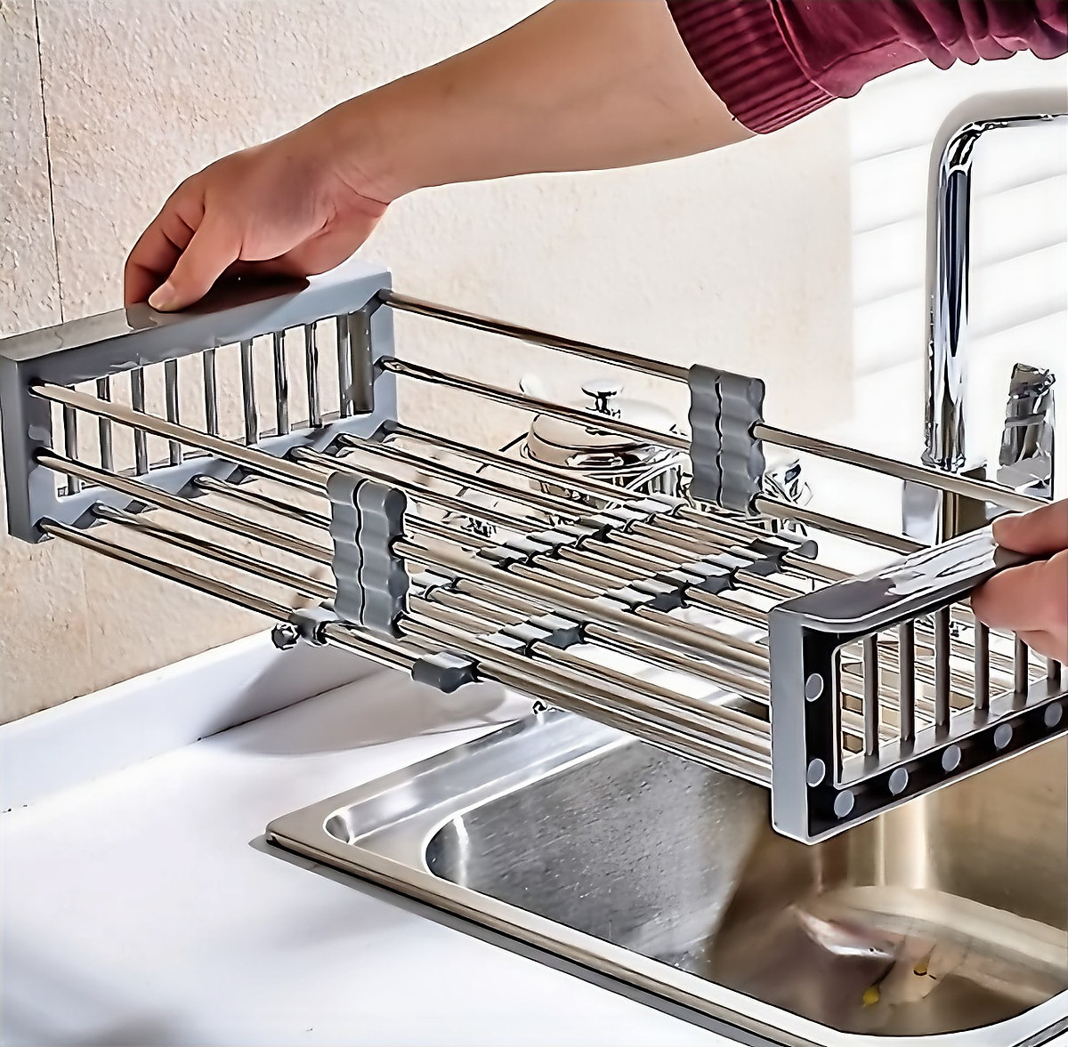 Rổ kéo KG19 gác trên bồn rửa trái cây, rau củ, chén bát đựng đồ đa năng kt điều chỉnh phù hợp mọi loại chậu inox304- Hàng chính hãng