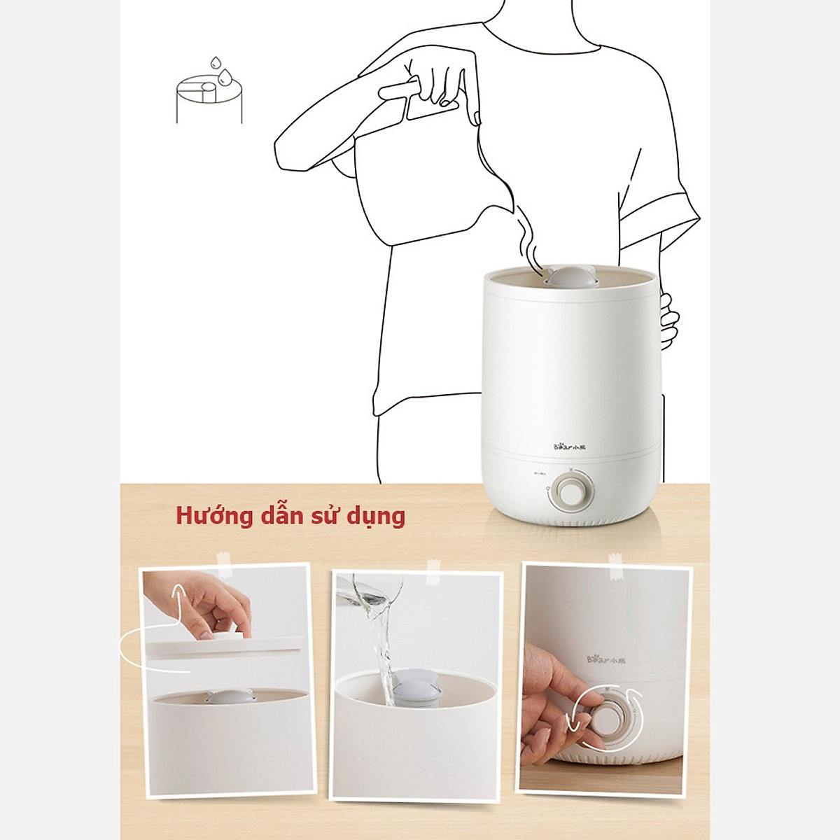 Máy phun sương tạo ẩm Bear JSQ-C50Q1 - Dung tích 4.5L, Dùng cho phòng diện tích 25-35m2, Không tiếng ồn - Bản Quốc tế, Hàng chính hãng
