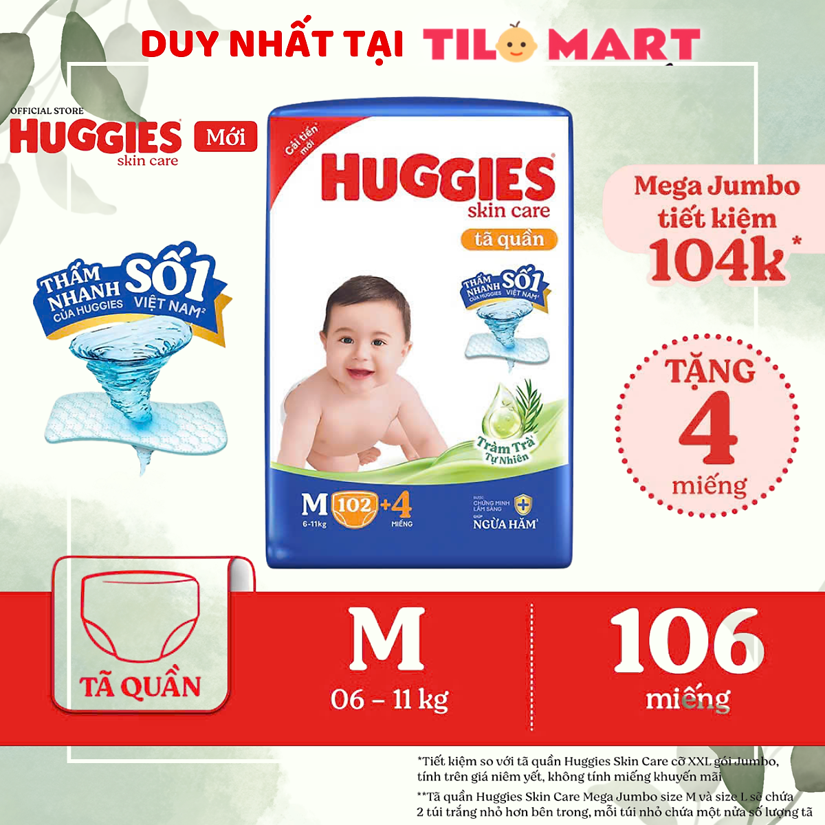 Tã/bỉm quần HUGGIES SKINCARE MEGA JUMBO size M 106 miếng