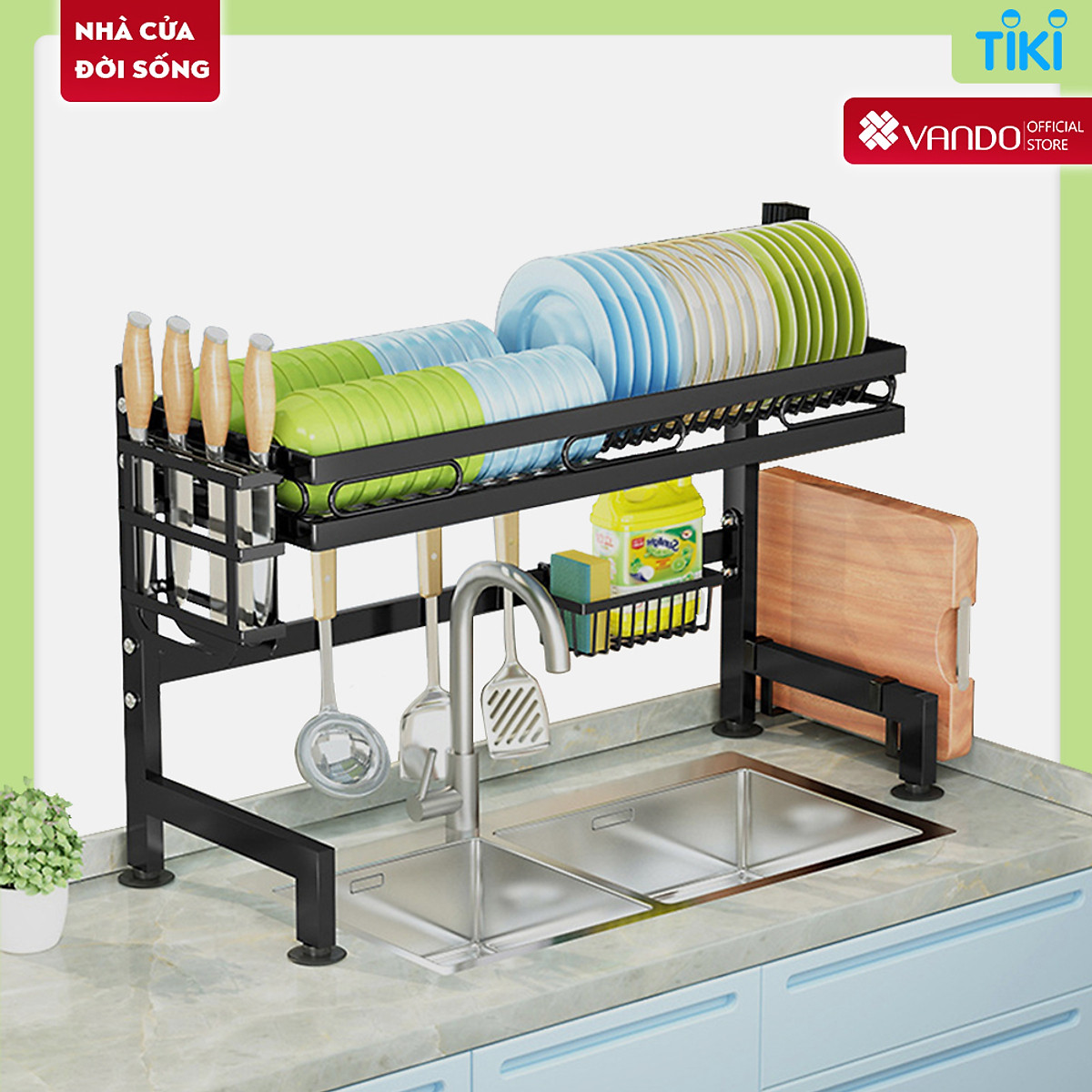 Kệ chén bát đa năng bằng thép carbon không gỉ, chống xước, sơn đen tĩnh điện, giá bát trên bồn rửa ráo nước cho nhà bếp sạch sẽ VANDO