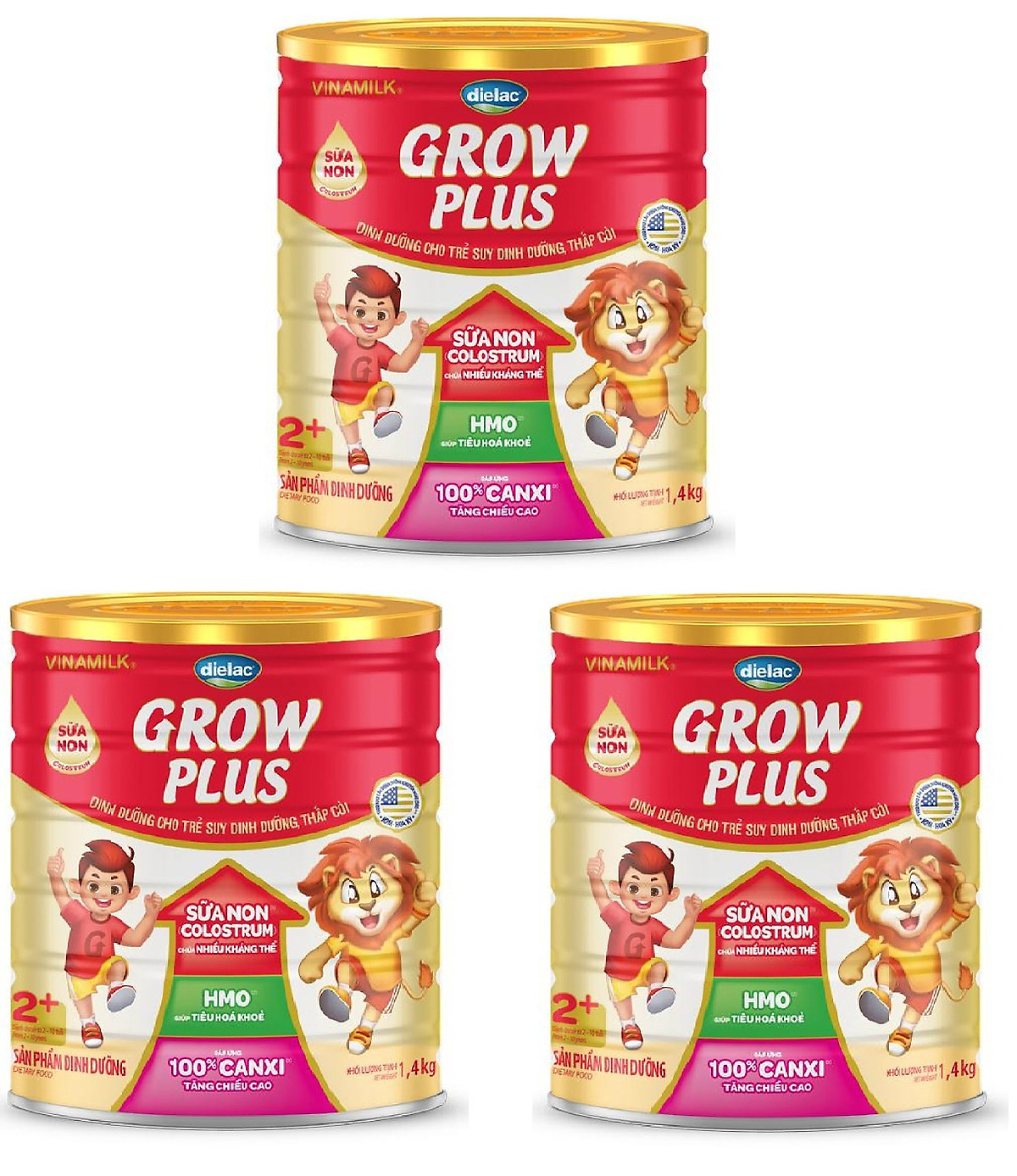 Combo 3 lon Sữa công thức Vinamilk Dielac Grow Plus 2+ Hộp thiếc 1400g (Sữa Non)